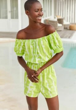 Next Puff Sleeve Bardot PlaysuitTuta JumpsuitLime Green Tie Dye Donna Tute Jumpsuit NX321T0P0-M11