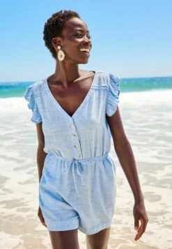 Next Linen Mix Ruffle Sleeve PlaysuitTuta JumpsuitBlue Chambray Donna Tute Jumpsuit NX321T0Q2-K11